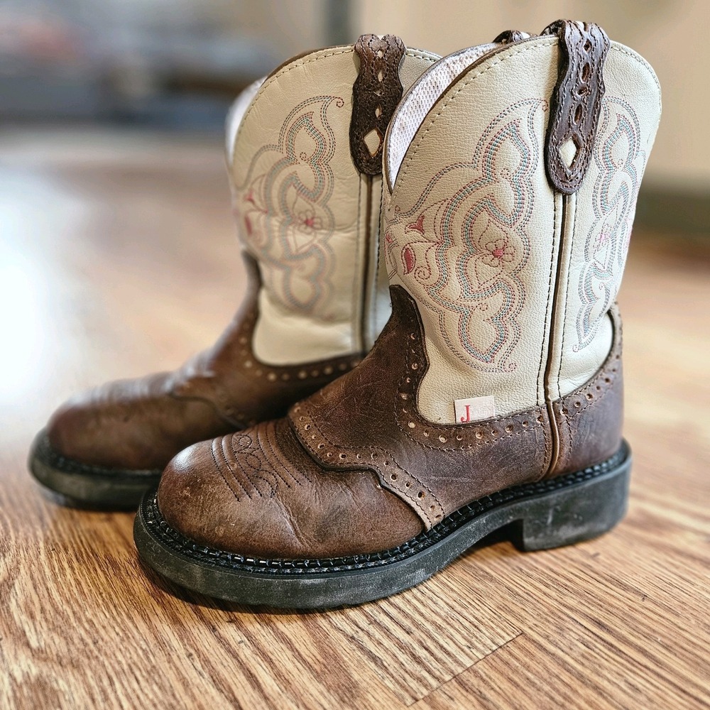 Justin Gypsy Boots 6.5 Short Cowgirl Western Beige‎ Brown Flowered Floral Pink